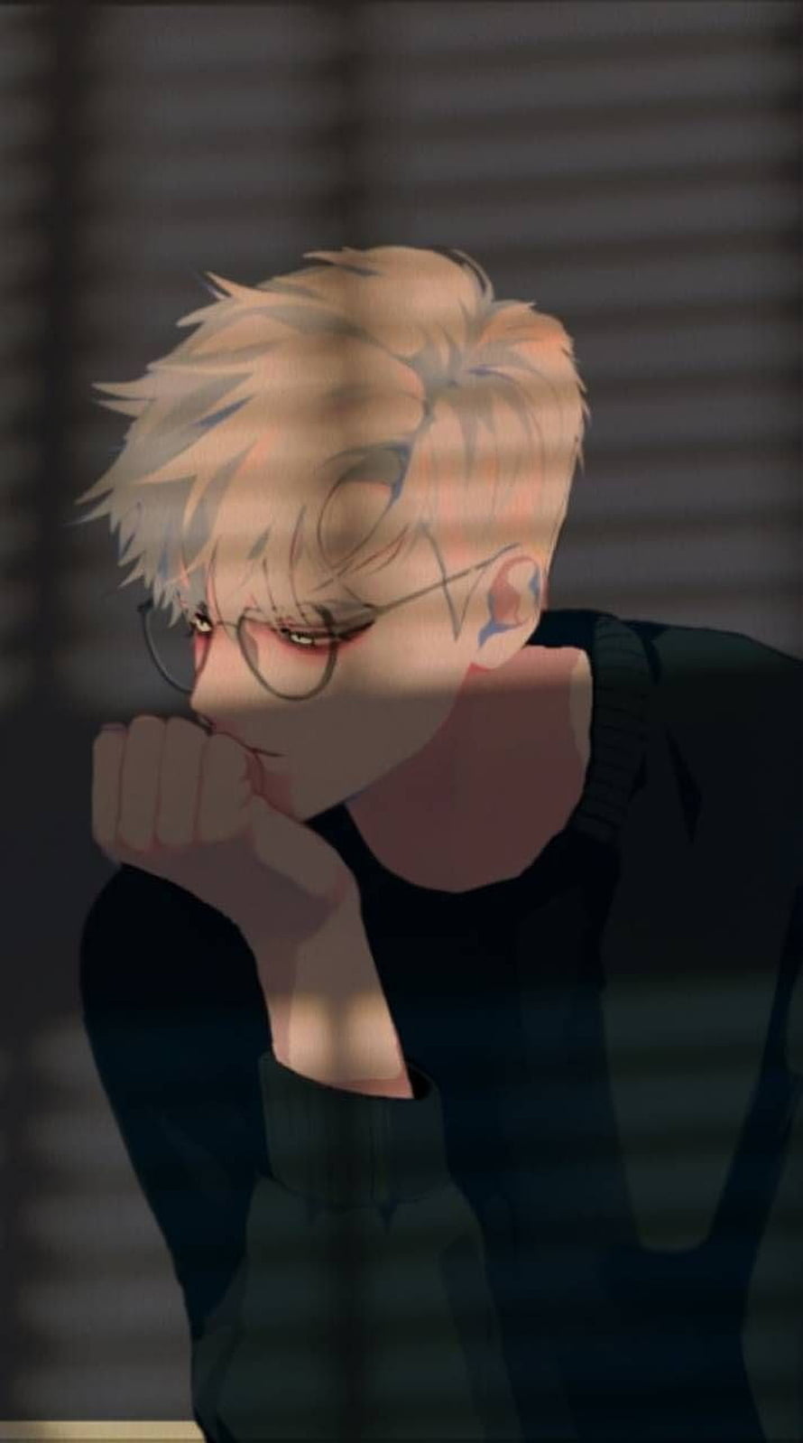 Melancholic Anime Boy With Glasses And Blonde Hair In Shadowed Room HD phone wallpaper
