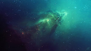 Vibrant Green and Teal Nebula Clouds in Deep Space with Scattered Stars HD wallpaper