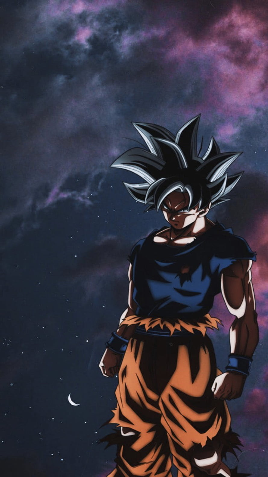Goku Ultra Instinct in Dark Tattered Outfit Against Cosmic Nebula Sky HD phone wallpaper
