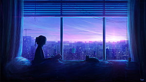 Anime Girl Reading at Night with Cat Overlooking a Neon City Skyline HD wallpaper