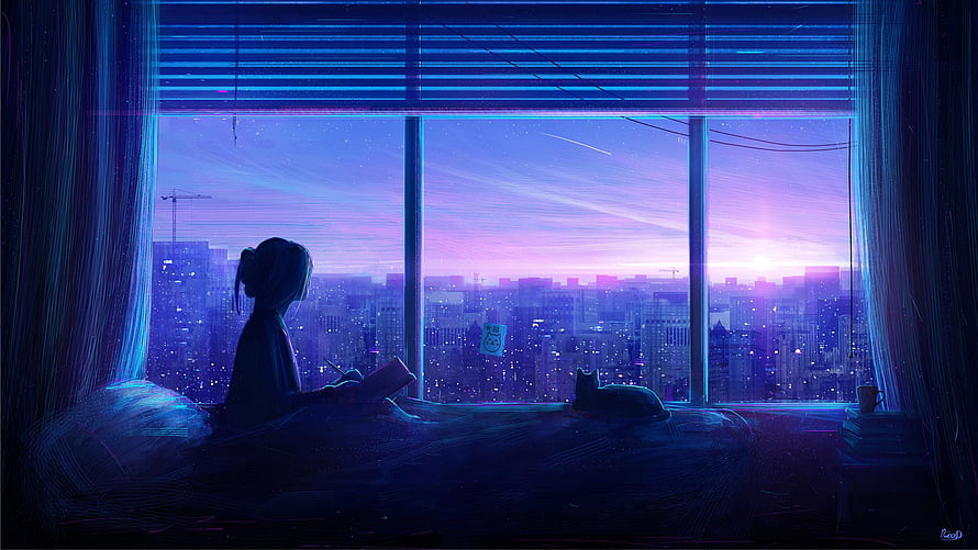 Anime Girl Reading at Night with Cat Overlooking a Neon City Skyline HD wallpaper