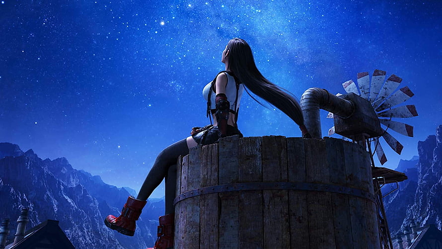 Tifa Lockhart from Final Fantasy VII Remake gazing at a starry night sky from a wooden water tower HD wallpaper