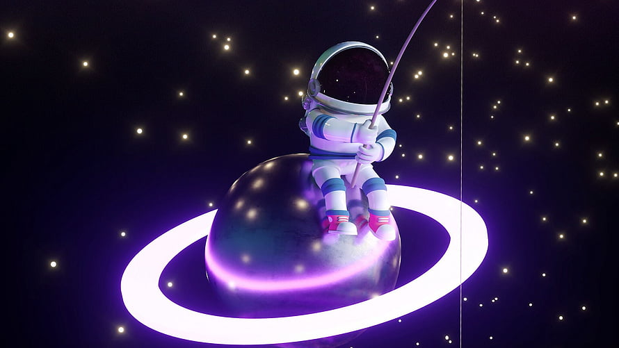 Cute 3D Astronaut Fishing on a Glowing Ringed Planet in Deep Space HD wallpaper