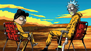 Rick and Morty Characters in Desert Landscape with Red Camping Chairs HD wallpaper