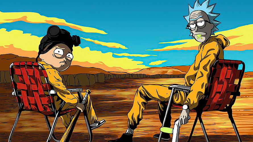 Rick and Morty Characters in Desert Landscape with Red Camping Chairs HD wallpaper