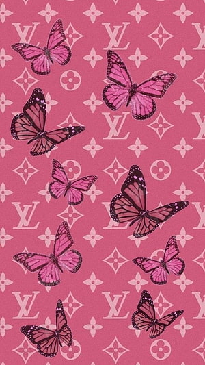 Pink Louis Vuitton Monogram Pattern With Realistic Butterfly Illustrations HD phone wallpaper