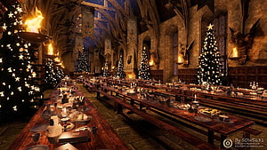 Hogwarts Great Hall Christmas Feast with Festive Trees and Candles HD wallpaper