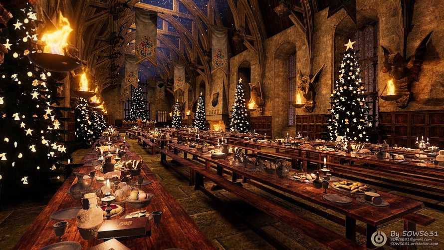 Hogwarts Great Hall Christmas Feast with Festive Trees and Candles HD wallpaper