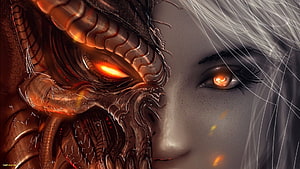 Cybernetic Face Fusion Artwork with Glowing Orange Eyes and Metallic Prosthetics HD wallpaper