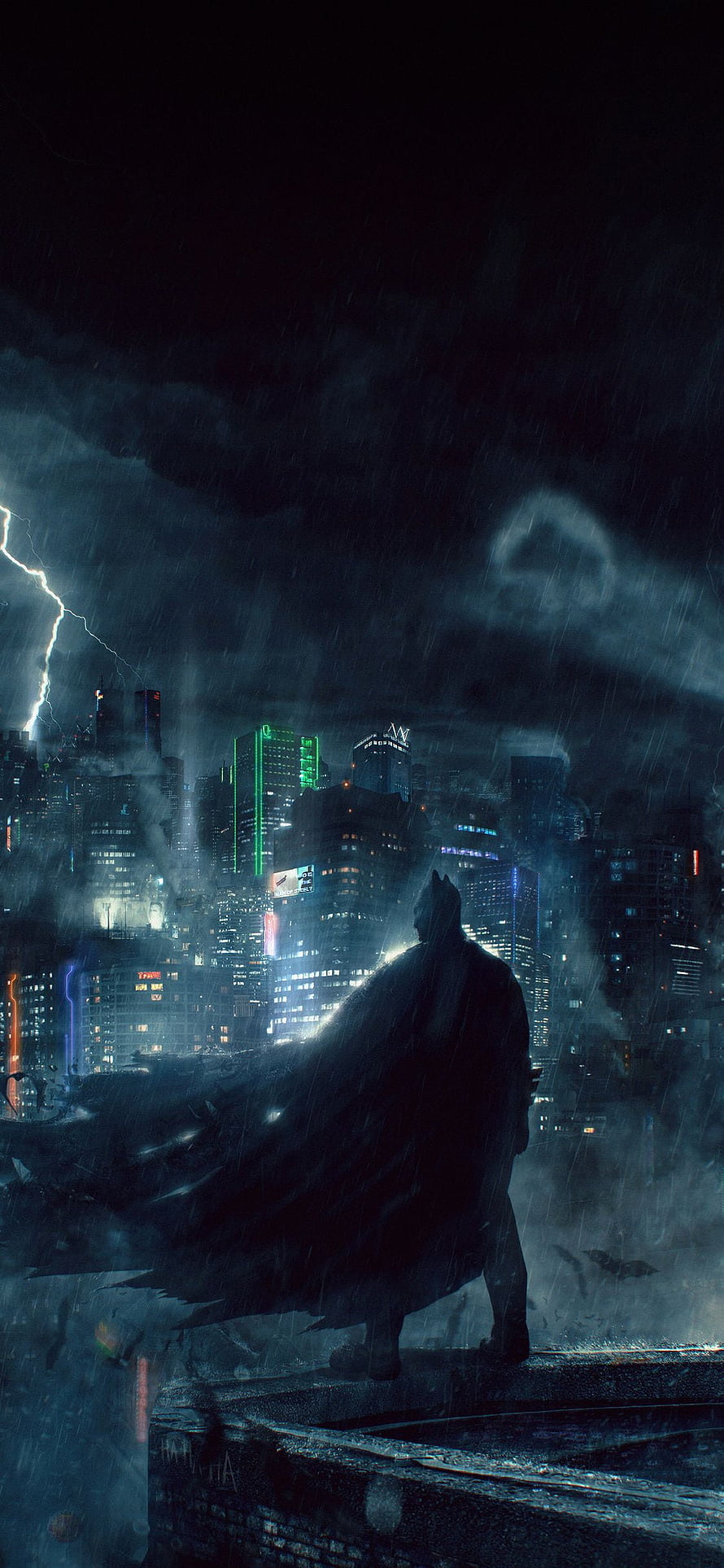 Batman Silhouette Overlooking Gotham City Skyline During a Stormy Night HD phone wallpaper