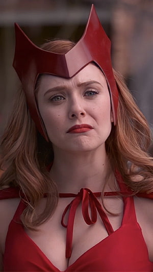 Scarlet Witch in Iconic Red Headpiece and Costume Close-Up Portrait HD phone wallpaper