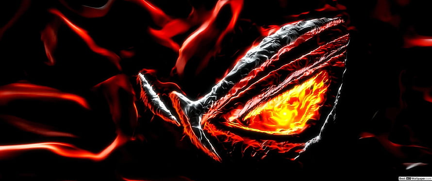 ASUS ROG Republic of Gamers Fiery Eye Logo with Red Flames on Black Background HD wallpaper