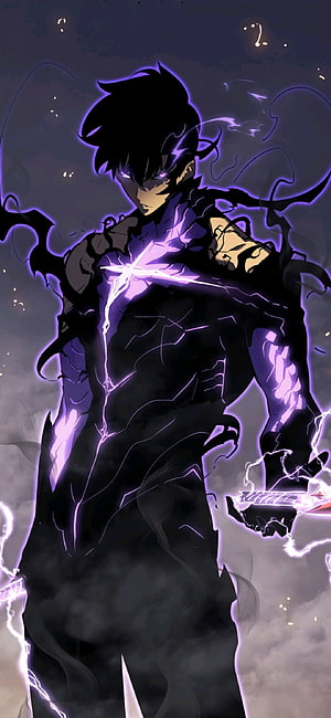 Sung Jin Woo from Solo Leveling in a Dark Purple Electric Aura HD phone wallpaper