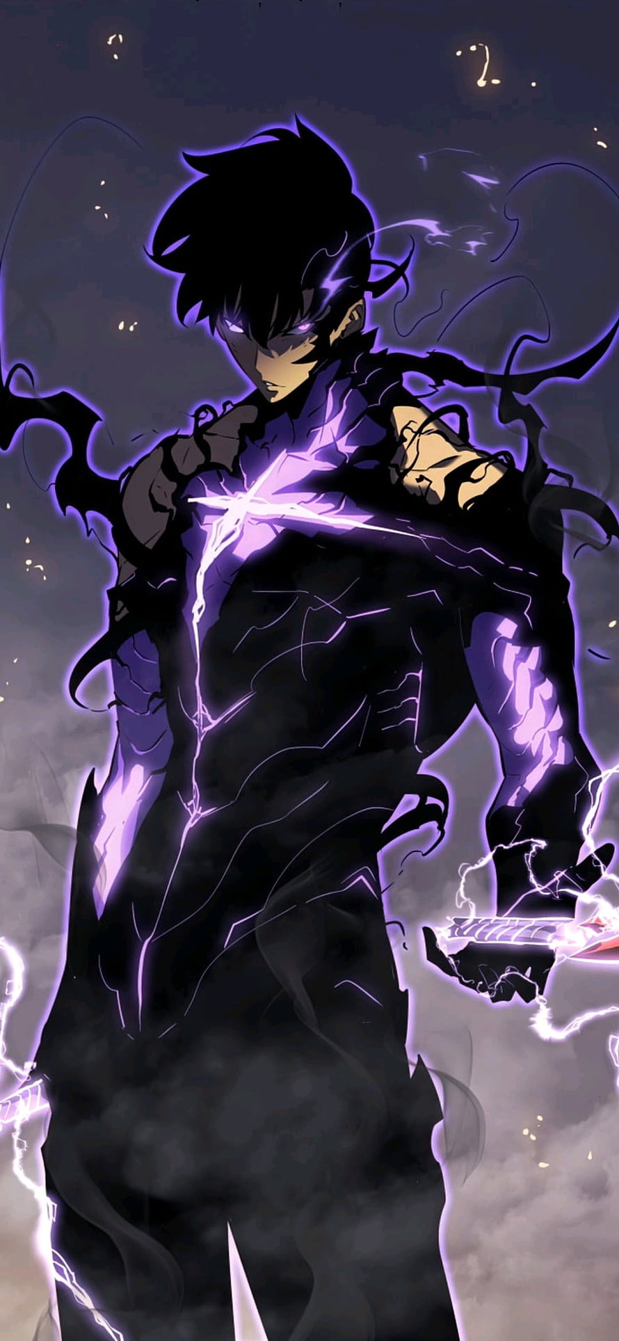 Sung Jin Woo from Solo Leveling in a Dark Purple Electric Aura HD phone wallpaper