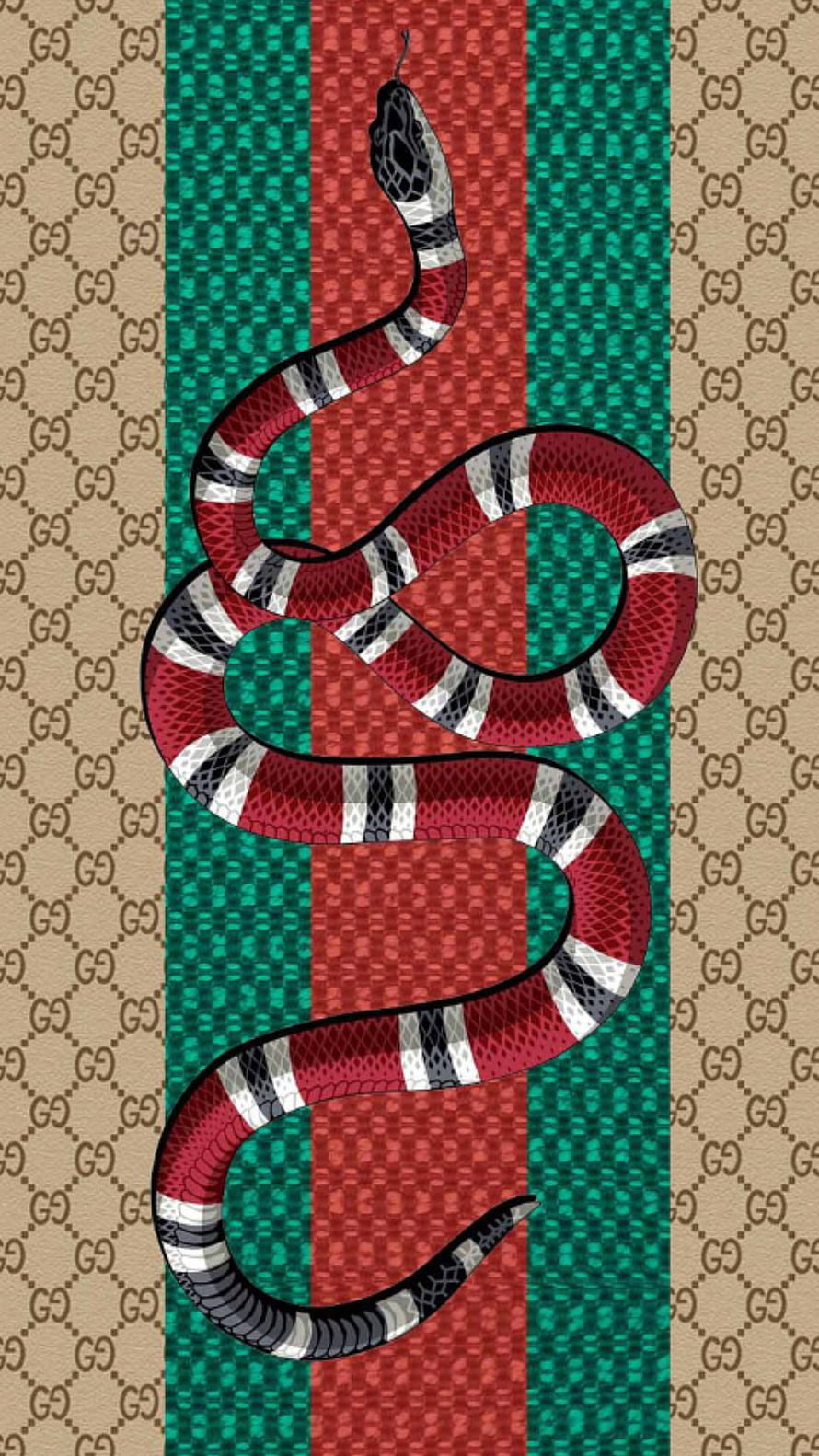 Gucci Snake Logo Artwork on Red Green and Beige Patterned Background HD phone wallpaper