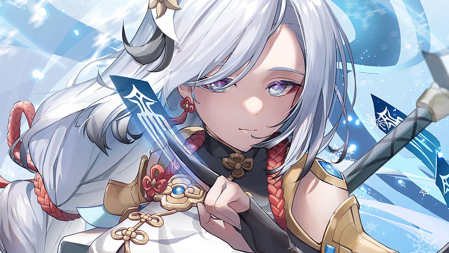 Shenhe Genshin Impact Anime Character Wallpaper With Silver Hair And Sword HD wallpaper