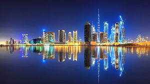 Dubai Marina Night Skyline with Burj Khalifa Reflections on Calm Water HD wallpaper