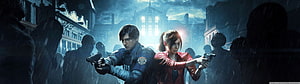 Resident Evil 2 Remake Leon and Claire Aiming Guns in Rainy Zombie Street HD wallpaper