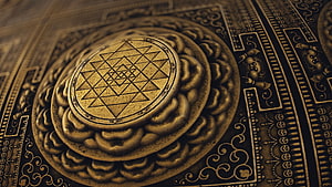 Golden Sri Yantra Sacred Geometry Mandala with Lotus Petals and Ornate Border HD wallpaper