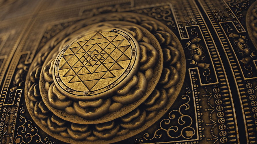 Golden Sri Yantra Sacred Geometry Mandala with Lotus Petals and Ornate Border HD wallpaper
