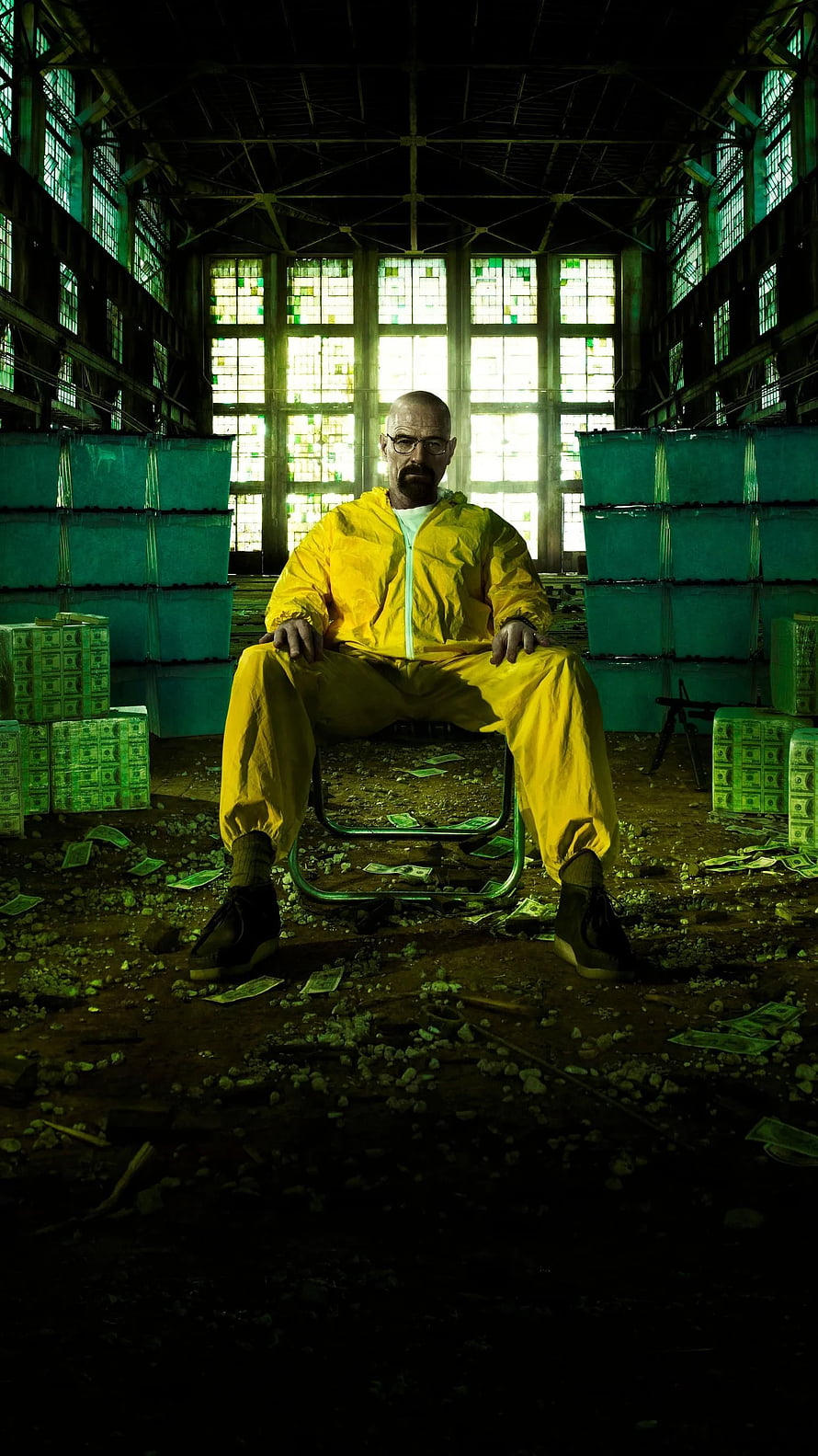 Breaking Bad Walter White in Yellow Hazmat Suit Seated in Abandoned Warehouse HD phone wallpaper