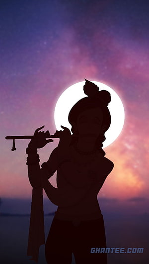 Krishna Silhouette Playing Flute Against Full Moon and Starry Sky HD phone wallpaper