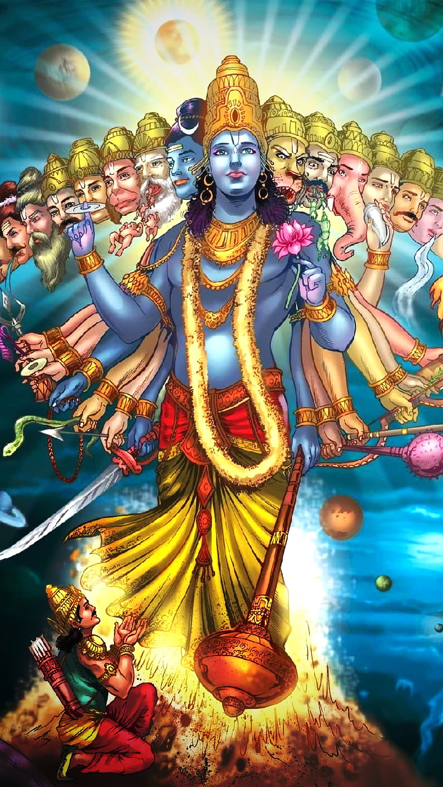 Lord Krishna Cosmic Form with Multiple Heads and Divine Weapons HD phone wallpaper