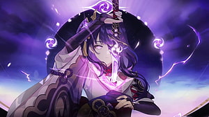 Raiden Shogun from Genshin Impact wielding a glowing sword against a purple stormy sky HD wallpaper