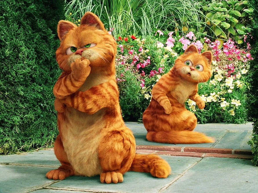 Garfield and Odie in a Vibrant Garden Scene from the Animated Film HD wallpaper