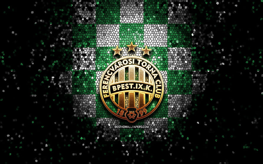 Ferencvaros TC Glitter Mosaic Logo on Green and White Checkered Background HD wallpaper