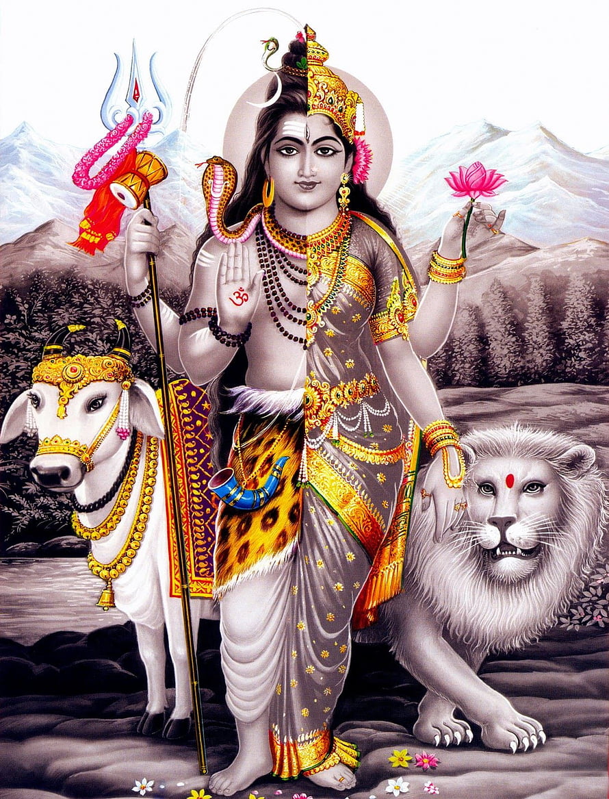 Lord Shiva and Goddess Parvati with Nandi and Lion in Himalayan Landscape HD phone wallpaper