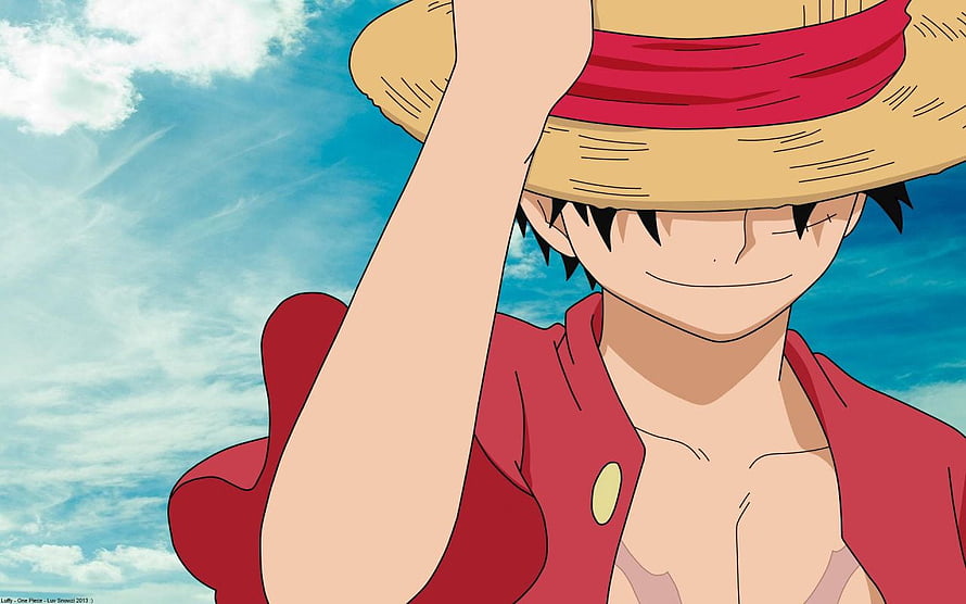 Luffy from One Piece Smiling Under a Blue Sky with Straw Hat HD wallpaper