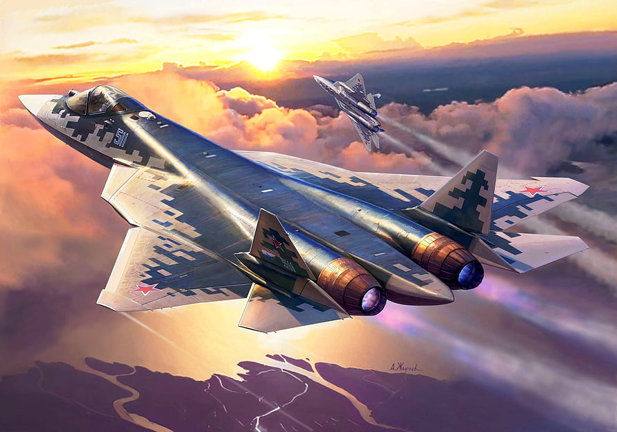 Sukhoi Su-57 Stealth Fighter Jets Flying Above Clouds at Sunset HD wallpaper