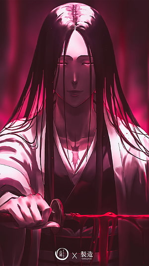 Unohana from Bleach in a dramatic crimson-lit anime illustration holding a bloodied katana HD phone wallpaper