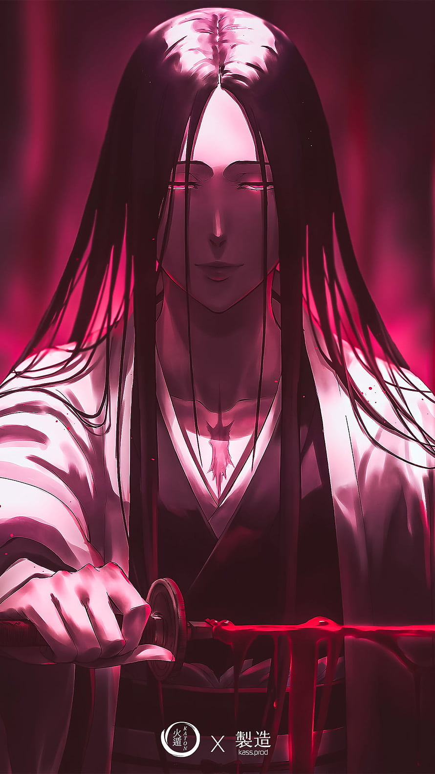 Unohana from Bleach in a dramatic crimson-lit anime illustration holding a bloodied katana HD phone wallpaper