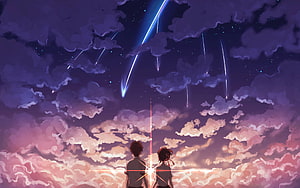 Two Anime Characters Gazing at Meteor Shower in Dreamy Twilight Sky HD wallpaper