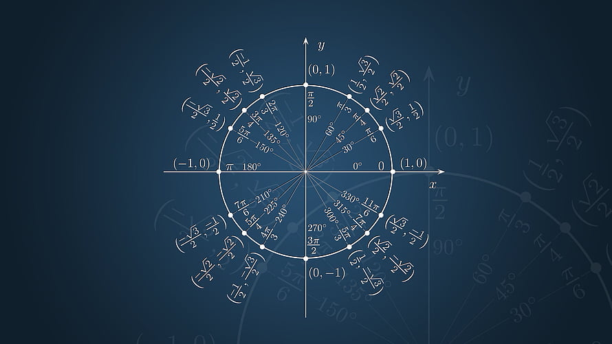 Unit Circle Diagram with Trigonometric Ratios and Angle Measures on Dark Blue Background HD wallpaper