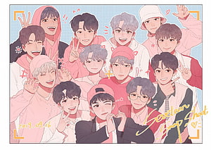 Seventeen K-pop Group Cartoon Illustration in Soft Pink and White Tones HD wallpaper
