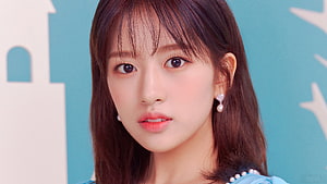 Ahn Yujin Portrait With Pearl Earrings Against Teal Background HD wallpaper