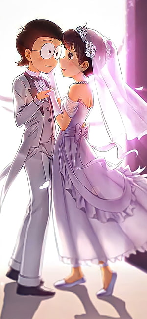 Nobita and Suzuka in Wedding Attire Anime Illustration HD phone wallpaper
