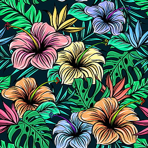 Vibrant Tropical Hibiscus and Monstera Leaf Pattern in Bold Digital Illustration Style HD phone wallpaper