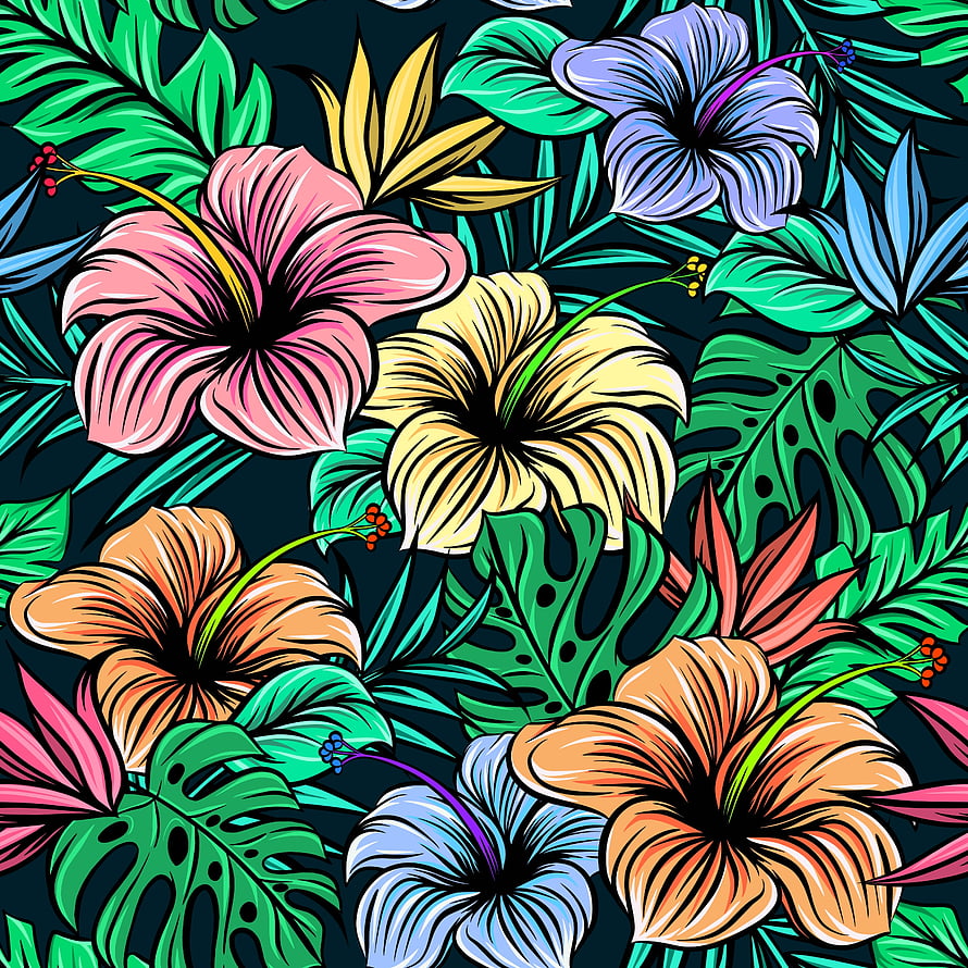 Vibrant Tropical Hibiscus and Monstera Leaf Pattern in Bold Digital Illustration Style HD phone wallpaper