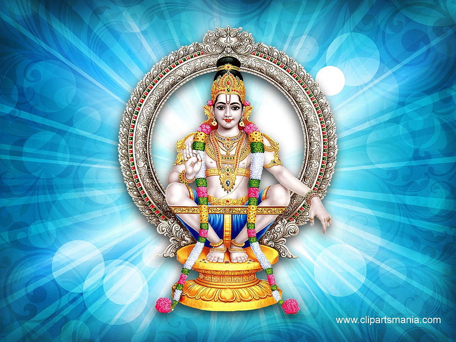 Ayyappa Swamy seated in ornate mandala frame with radiant blue background HD wallpaper