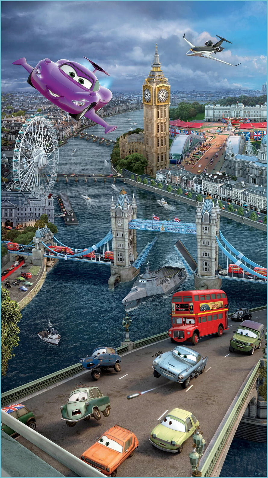 Disney Pixar Cars 2 Animated Scene Featuring London Landmarks, Tower Bridge, Big Ben, and Character Vehicles HD phone wallpaper