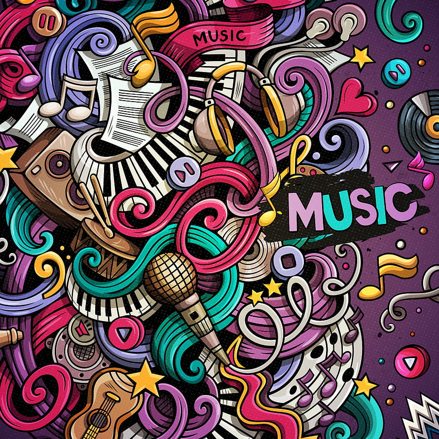 Colorful Doodle Music Illustration Featuring Instruments, Notes, and Vibrant Patterns HD phone wallpaper