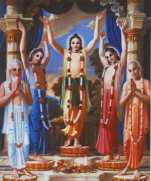 Chaitanya Mahaprabhu with Four Associates in Traditional Indian Painting HD phone wallpaper