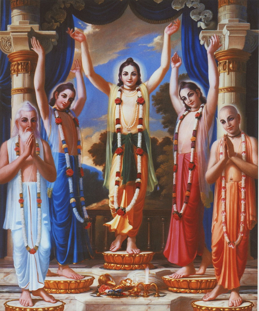 Chaitanya Mahaprabhu with Four Associates in Traditional Indian Painting HD phone wallpaper