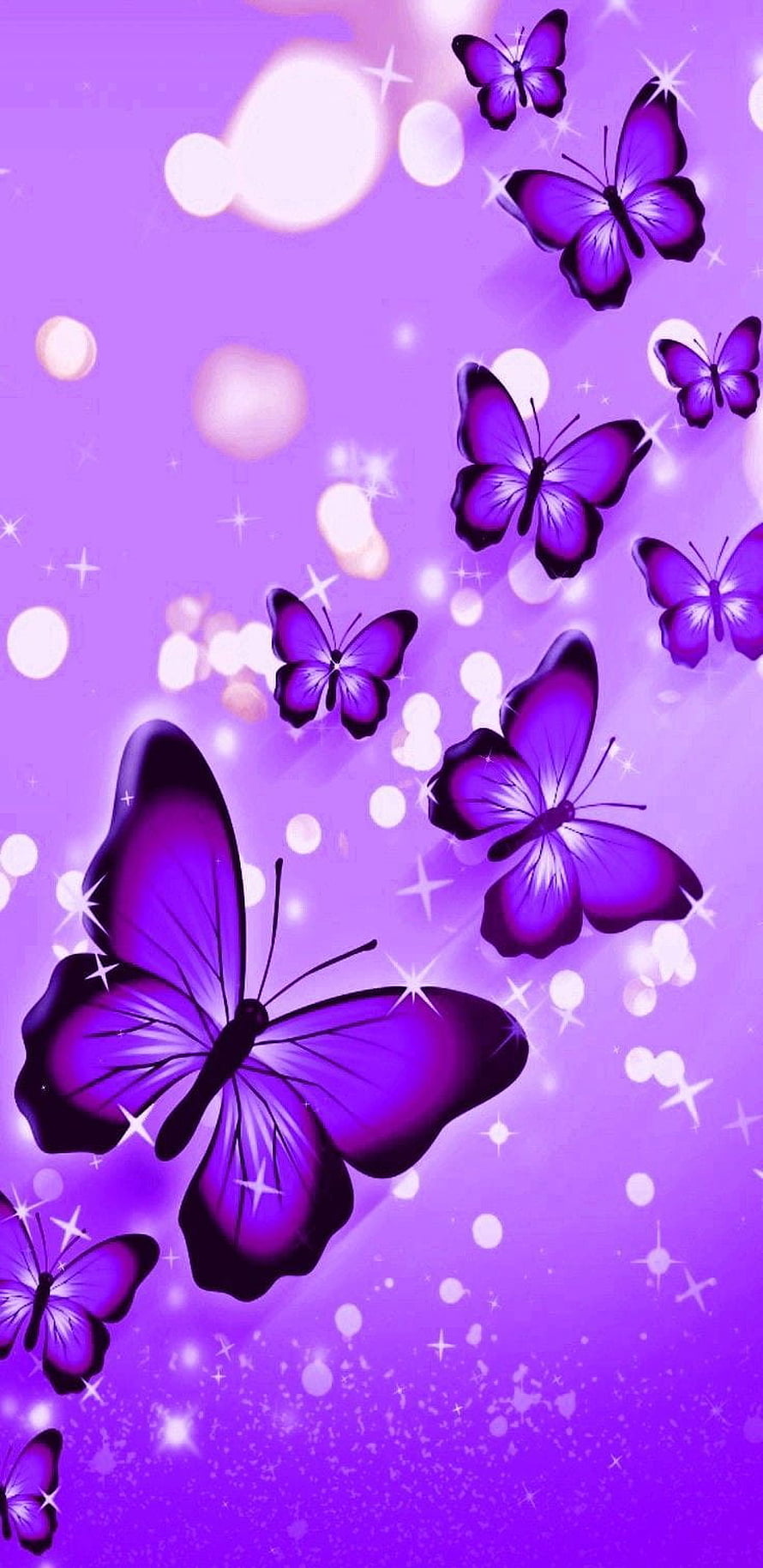 Vibrant Purple Butterflies with Sparkling Bokeh and Starlight Effects HD phone wallpaper