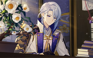 Kamisato Ayato from Genshin Impact in Elegant White and Purple Attire with White Flowers HD wallpaper