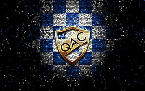 Quilmes Atletico Club Glitter Shield Logo on Blue and White Checkered Mosaic Background HD wallpaper